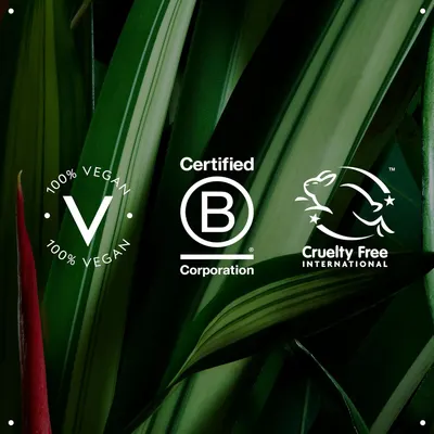 Highlights certifications that the product is 100% vegan and cruelty-free, reassuring customers of its ethical and sustainable production.