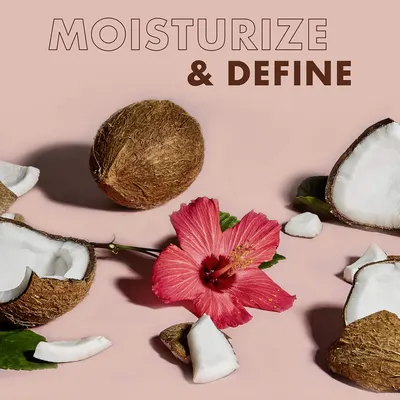 Highlights the product's ability to moisturize and define, likely for hair or skin care products containing natural ingredients like coconut and hibiscus.