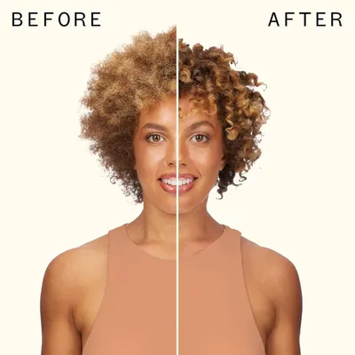 Visually demonstrates the transformative effect of the product on hair, showing improved curl definition and styling.