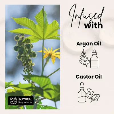 Highlights that the product contains natural ingredients like argan oil and castor oil, promoting it as a natural and beneficial choice.