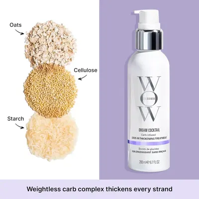 Highlights the key benefit of the product's carb-infused formula that thickens and adds volume to hair strands without weighing it down.
