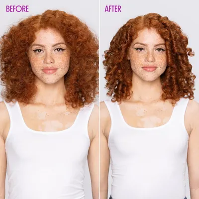 Visually demonstrates the product's ability to tame frizz and enhance curl definition for curly hair.