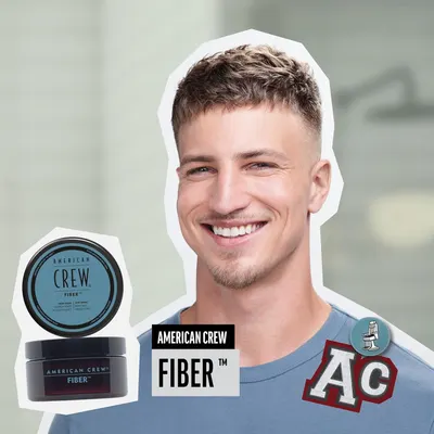 Emphasizes the American Crew brand and its Fiber hair product through prominent branding elements and product shots.