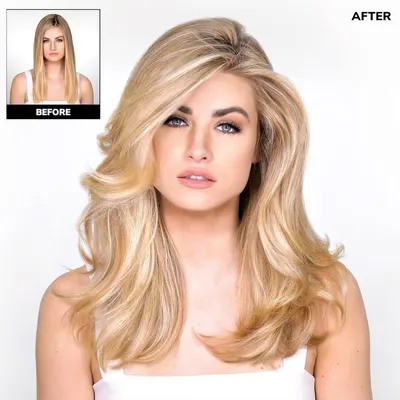 Visually demonstrates the volumizing and styling effects of the product by showing a before and after comparison.