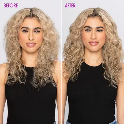 Visually demonstrates the volumizing and styling effects of the product by showing a before and after comparison.