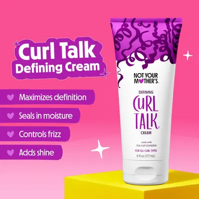 Highlights multiple benefits of the defining cream for curly hair, including enhancing curl definition, locking in moisture, reducing frizz, and adding shine.