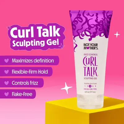 Highlights multiple key benefits of the curl sculpting gel product, such as providing definition, hold, frizz control, and being flake-free.