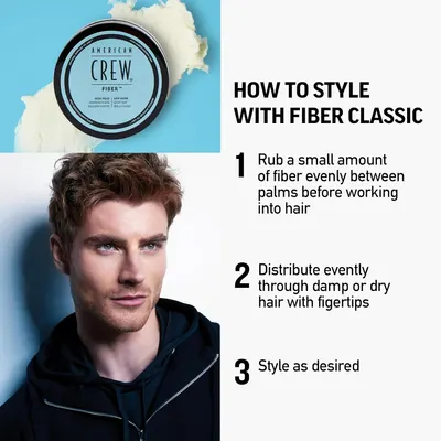 Provides step-by-step instructions on how to properly use and style with the Fiber Classic hair product.