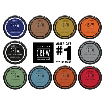 Shows the full range of hair styling products included in the American Crew line, allowing customers to see all the options available.
