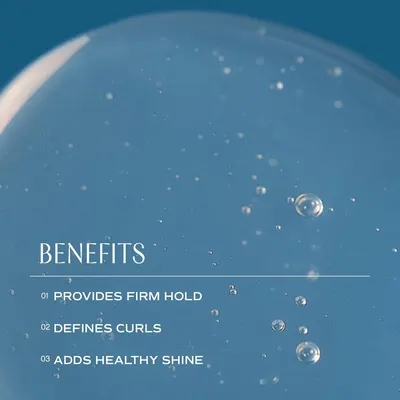 Highlights the three key benefits of the product - providing firm hold, defining curls, and adding healthy shine to hair.