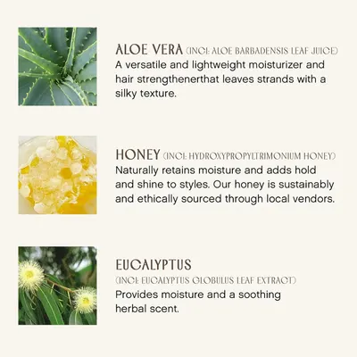 Highlights the key natural ingredients and their respective benefits for hair, such as moisturizing, strengthening, adding shine, and providing a soothing…