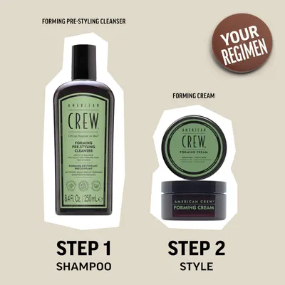 Explains the two-step process for using the pre-styling cleanser and forming cream to style hair.