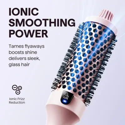 Highlights the product's ionic technology that smooths hair, tames flyaways, boosts shine, and delivers sleek, glass-like hair while reducing frizz.