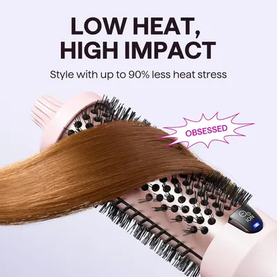 Highlights the product's ability to style hair with up to 90% less heat stress, positioning it as a safer and gentler alternative.