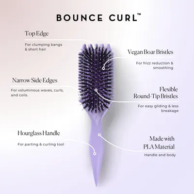 Highlights and labels the key features and components of the hair brush product to educate customers on its design and functionality.