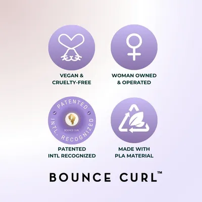 Highlights multiple features and benefits of the Bounce Curl brand, including being vegan, woman-owned, patented, and using eco-friendly PLA material.