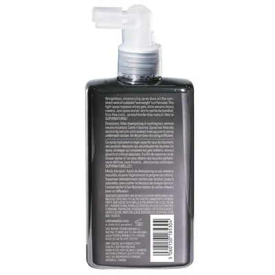 Highlights the product's lightweight, non-greasy formula that provides frizz-free moisture without weighing hair down.