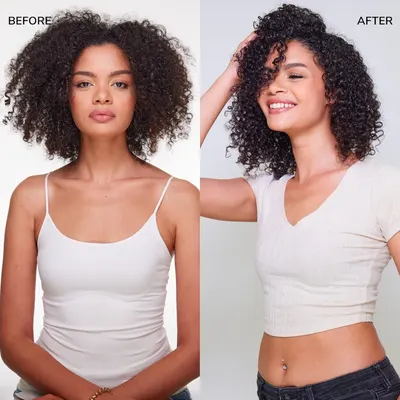 Visually demonstrates the transformative effect of a hair product by showing more defined, voluminous curls after using it.