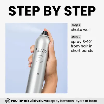 Provides step-by-step instructions on how to properly use the hair volumizing spray product.