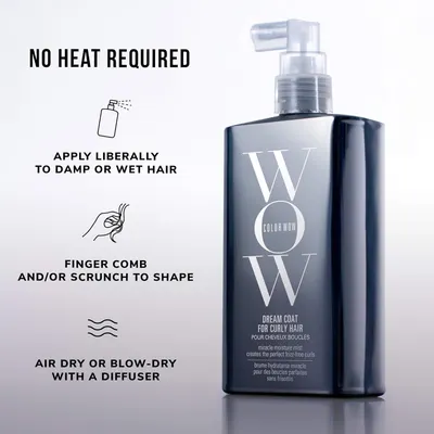 Explains the steps for using the curly hair product, including applying it to damp hair, finger combing or scrunching to shape, and air or blow drying with a diffuser.
