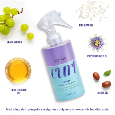 Highlights the key ingredients and benefits of the curl bundling spray, including hydrating oils, frizz control, lightweight hold, and no crunchy feel.