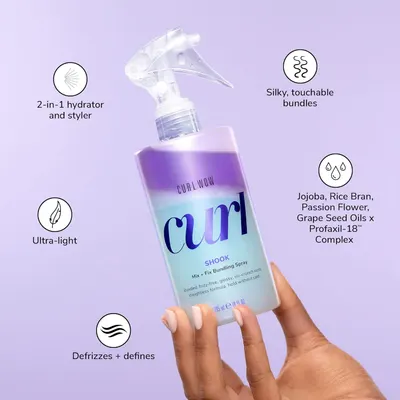 Highlights multiple key features and benefits of the curl defining spray, including its 2-in-1 functionality, lightweight formula, frizz control, and nourishing natural oil ingredients.