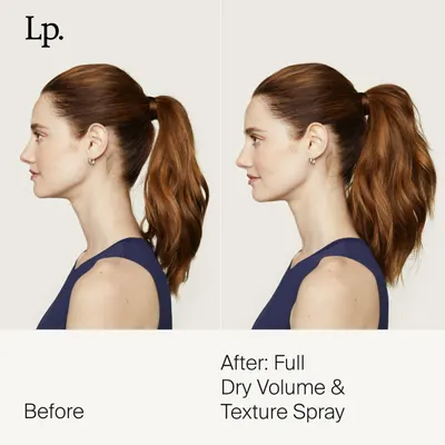 Visually demonstrates the volumizing and texturizing effects of the dry volume and texture spray product on hair.