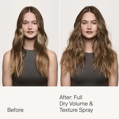 Visually demonstrates the volumizing and texturizing effects of the dry hair spray product.