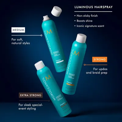 Guides customers in selecting the right hairspray strength (Medium, Strong, Extra Strong) based on their desired hairstyle and hold.
