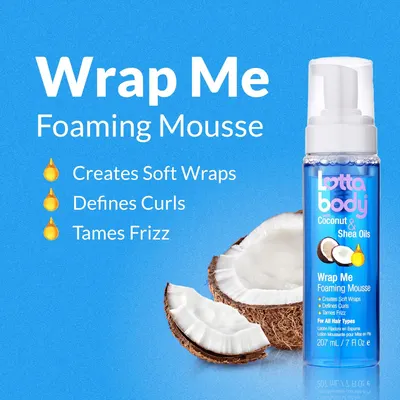 Highlights the key benefits of the foaming mousse product for creating soft, defined curls while taming frizz.