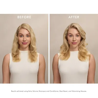 Visually demonstrates the volumizing and hair-boosting effects achieved by using the brand's shampoo, conditioner, root boost, and volumizing mousse products.