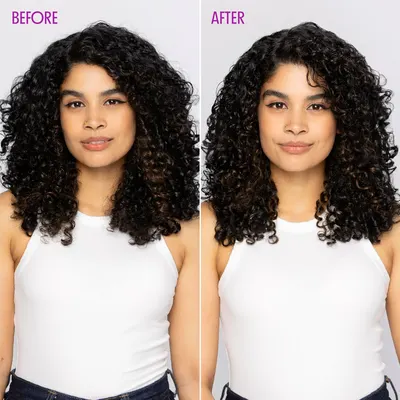 Visually demonstrates the product's ability to tame frizz and enhance curl definition by showing a before and after comparison.