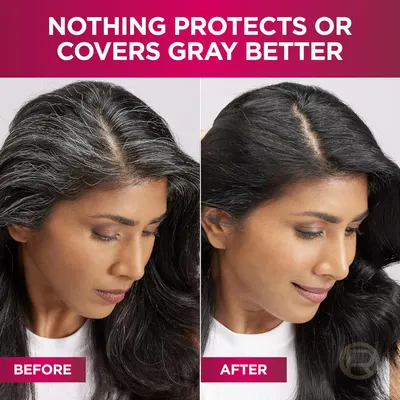 Visually demonstrates the product's effectiveness in covering and concealing gray hair.