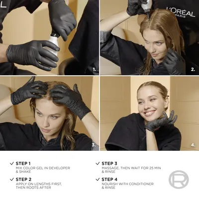 Explains the step-by-step process for applying hair color, from mixing the color gel to massaging, rinsing, and conditioning.