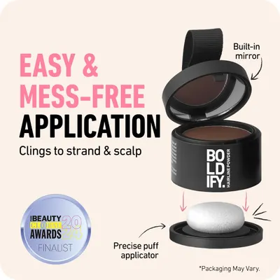 Highlights the product's easy and mess-free application method, built-in mirror, and precise puff applicator for convenient and clean usage.