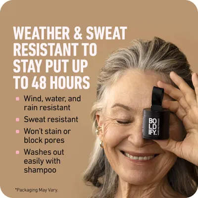 Highlights the product's ability to withstand weather conditions and sweat while providing long-lasting hold for up to 48 hours.