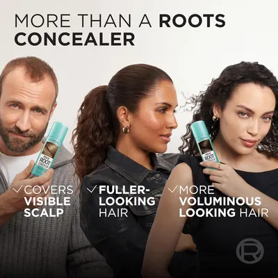Showcases the multiple benefits of the root concealer product, including covering visible scalp, creating fuller-looking hair, and adding more volume.