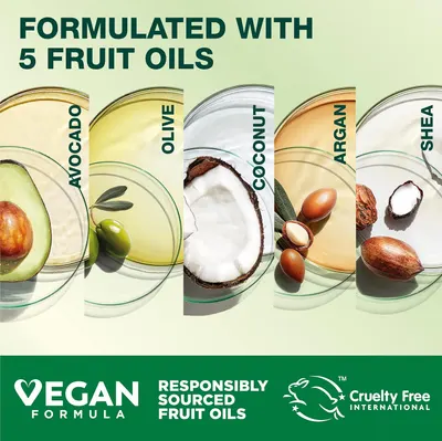 Highlights the product's natural, ethical, and vegan formulation using 5 different fruit oils that are responsibly sourced and cruelty-free.