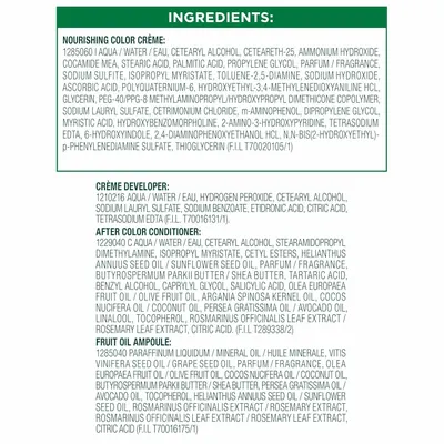 Provides a detailed list of all the ingredients included in the hair color product, allowing customers to review the components before purchase.