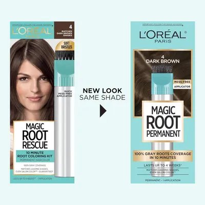 Highlights the product's ability to quickly and easily cover gray roots while matching the existing hair color, with a mess-free applicator.