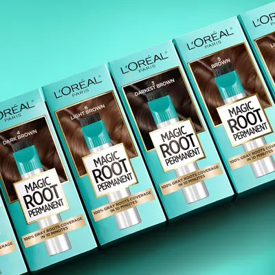 Shows the different shades and color options included in the Magic Root Permanent hair color line.