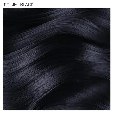 Showcases the rich, jet black shade of the hair color product.