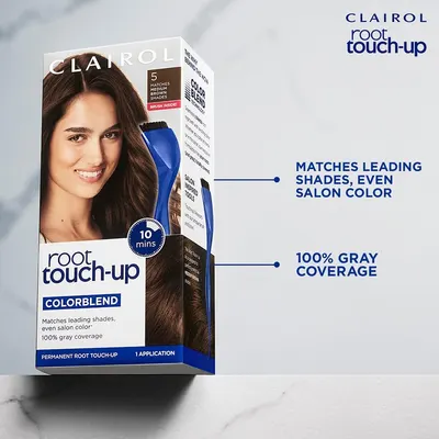 Highlights multiple key benefits of the root touch-up product - its ability to match salon hair colors, provide full gray coverage, and offer a quick…