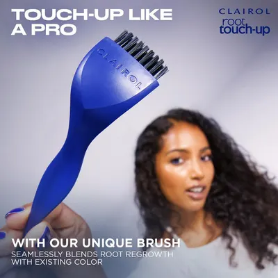 Highlights the product's unique brush design that seamlessly blends root regrowth with existing hair color for a professional touch-up.