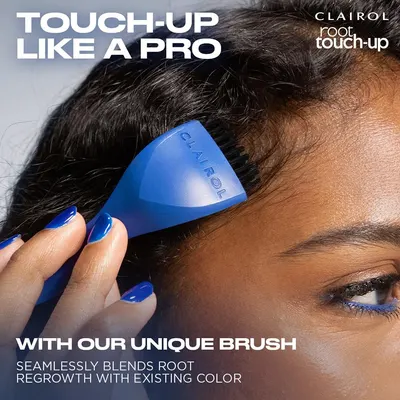 Highlights the product's unique brush design that seamlessly blends root regrowth with existing hair color for a professional touch-up.