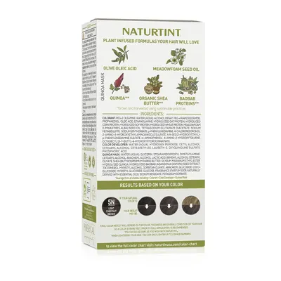 Shows the natural, plant-based ingredients included in the hair color product and the expected color results to inform customers about what they are receiving.