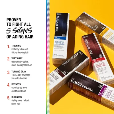 Highlights the 5 key signs of aging hair that the product addresses, showcasing its multiple benefits for fuller, more vibrant and manageable hair.