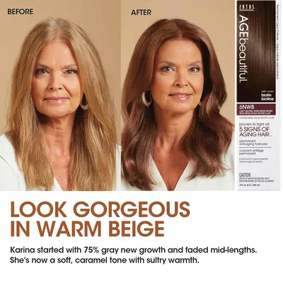 Visually demonstrates the product's effectiveness in transforming gray, faded hair to a warm, caramel tone.