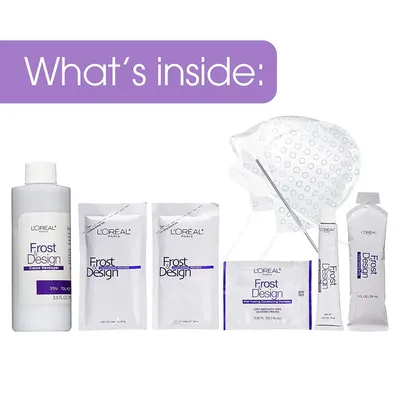Shows all the items included in the Frost Design hair coloring kit, allowing customers to see everything they will receive.