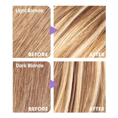 Visually demonstrates the product's ability to lighten and brighten hair color by showing before and after examples.